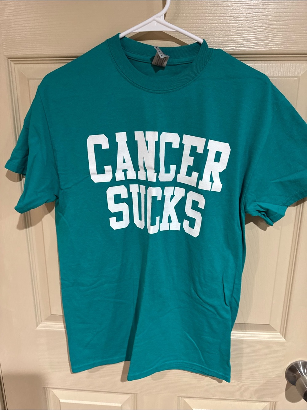 Gildan Teal Short Sleeve Tee with White "CANCER SUCKS" Graphic
